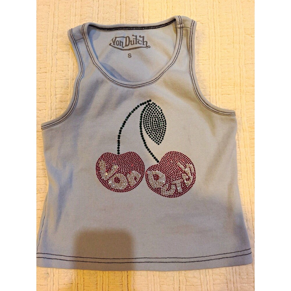 Von Dutch Y2K Blue Ribbed Rhinestone Cherry Graphic Scoop Neck Tank Top Size S